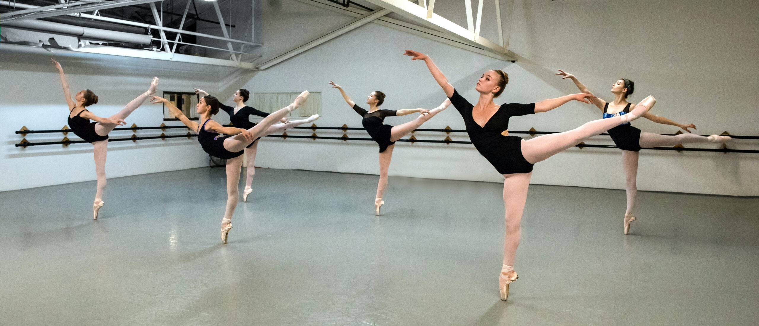 Students in advanced ballet class doing pointe work.